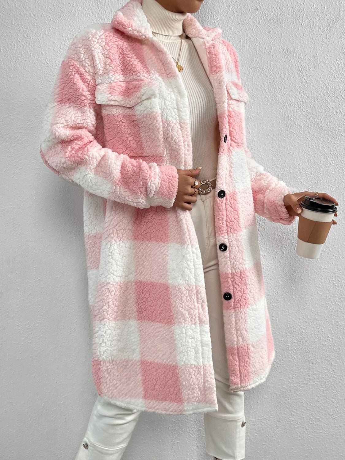 Checked Women's Jacket Plush Collar Button Closure