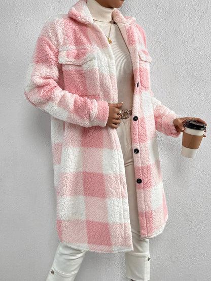 Checked Women's Jacket Plush Collar Button Closure