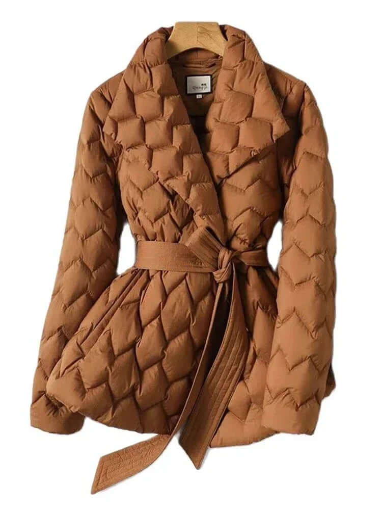 Women's Mid-Length Puffer Jacket with Belt, Elegant