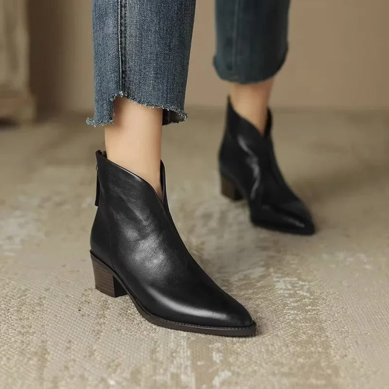 Elegant Leather Ankle Boots Pointed Toe Mid Heel Women's Shoes