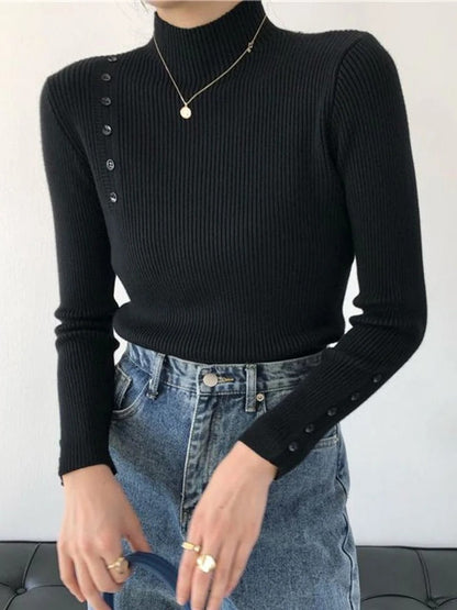 Stylish Sweater with Buttons and Stand-up Collar