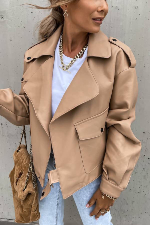 Leather Lapel Pocket Biker Style Short Jacket