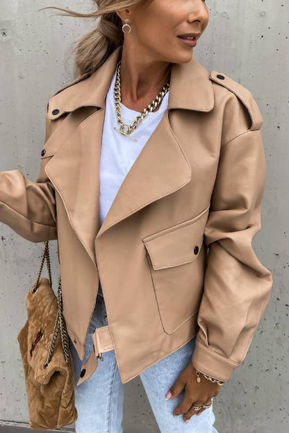 Leather Lapel Pocket Biker Style Short Jacket