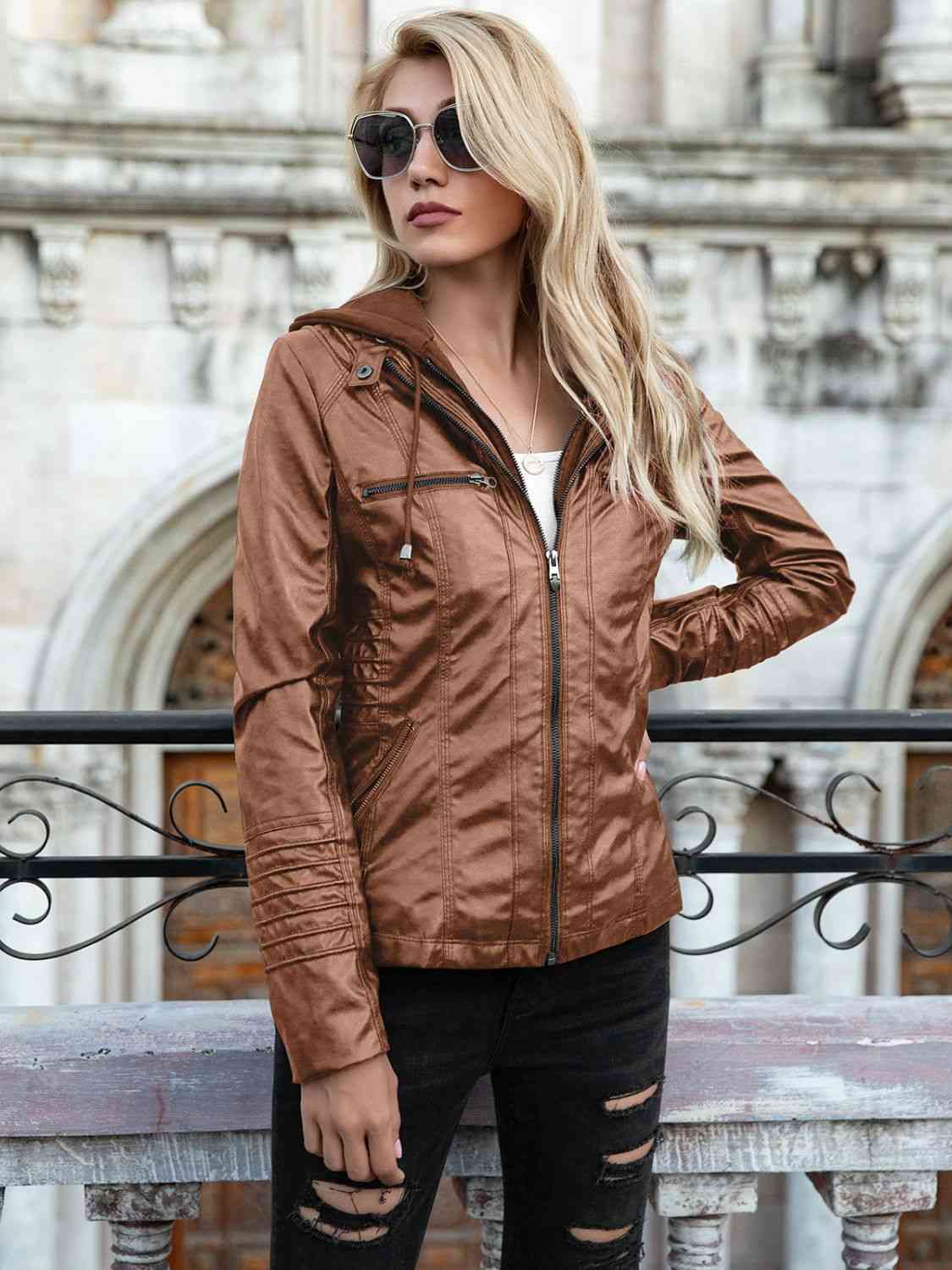 Stylish PU Leather Jacket with Hood