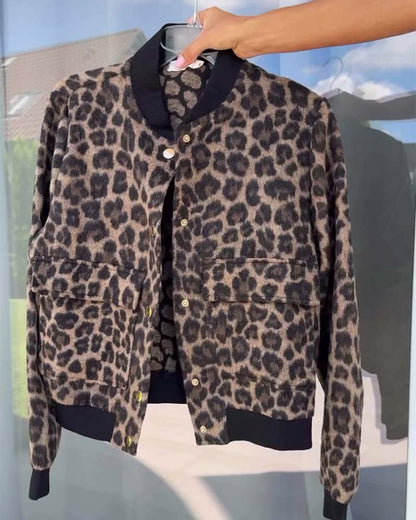 Women's Trendy Leopard Jacket with Button Pockets