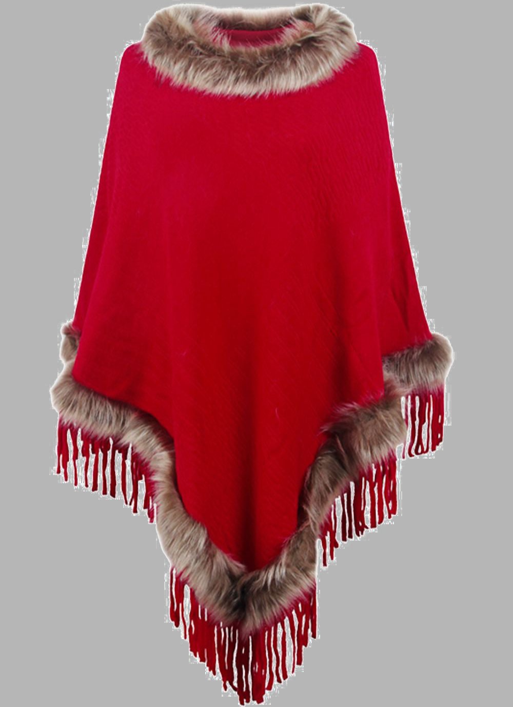 Elegant Women's Long Poncho Coat with Faux Fur