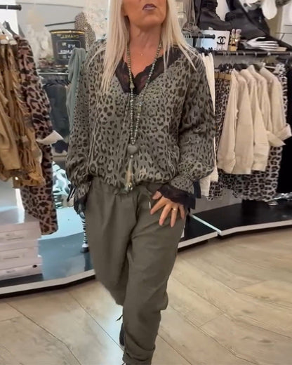 Women's Leopard Blouse V-Neck Lace Floral Print