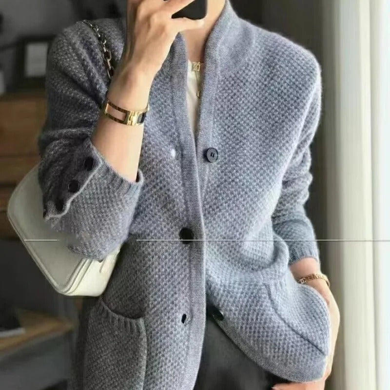 Women's Cardigan Pattern Button Closure High Collar With Pockets