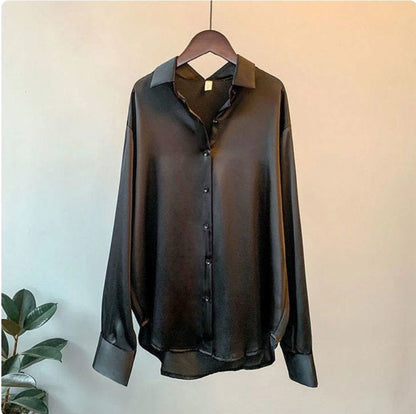 Elegant Satin Blouse Plus Size Button Closure