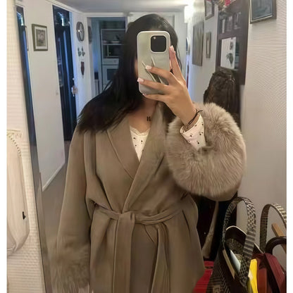 Women's Long Winter Coat with Belt and Faux Fur