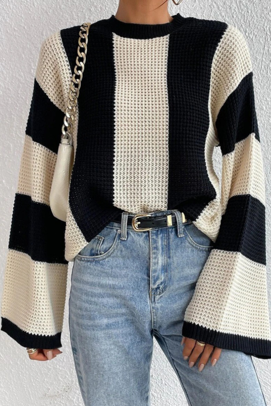 Stylish Women's Clothing | Bell Sleeve Sweater with Contrast Stripes