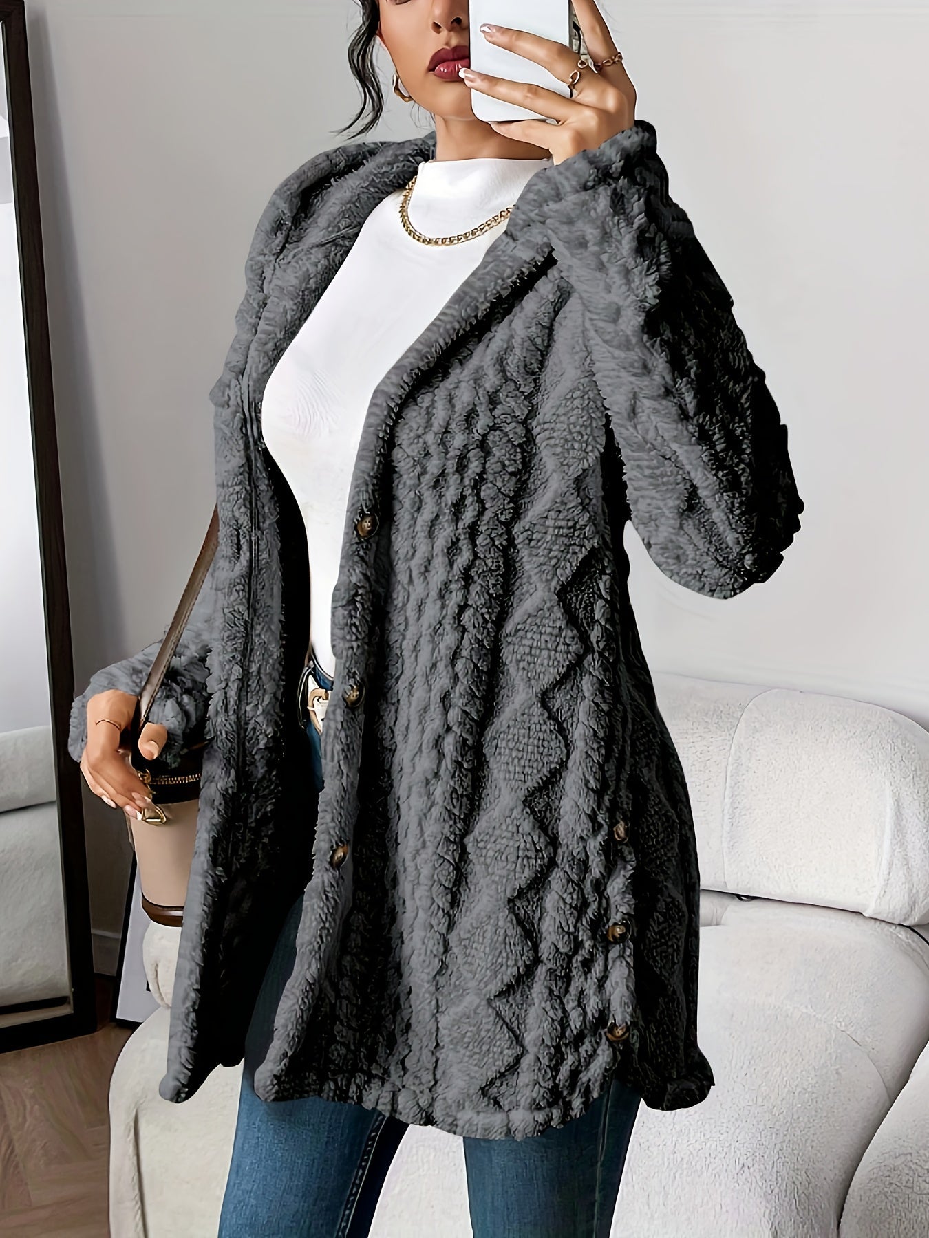 Women's Long Winter Jacket Hood Buttons