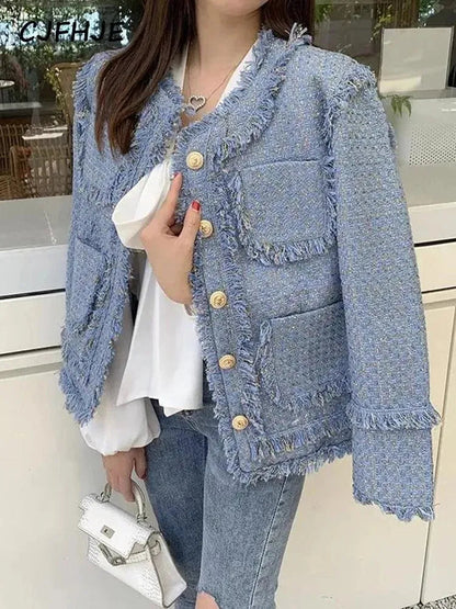 Elegant Women's Blue Tweed Jacket