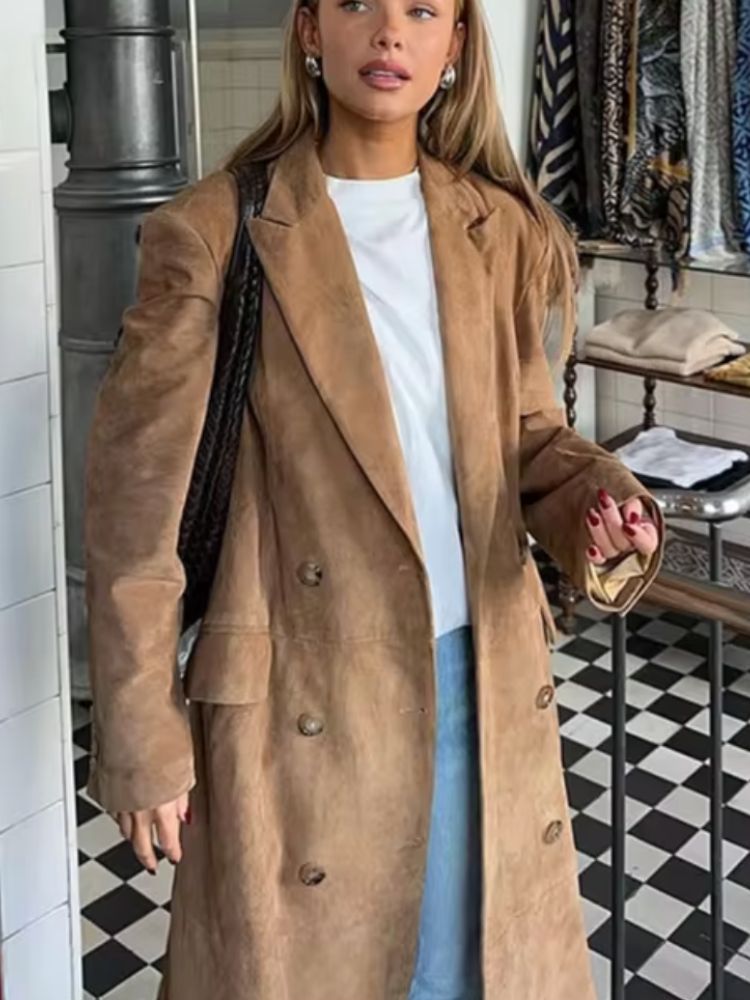 Elegant Women's Long Suede Design Coat
