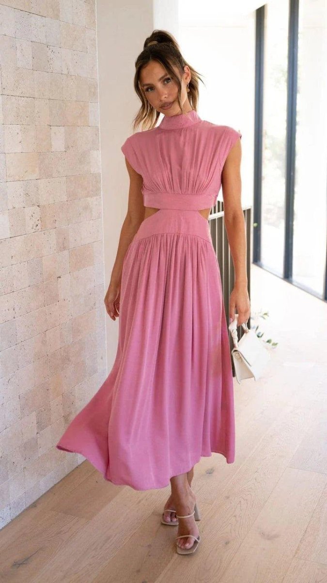 Elegant midi dress with cut-outs and stand-up collar