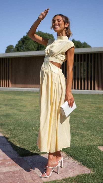 Elegant midi dress with cut-outs and stand-up collar