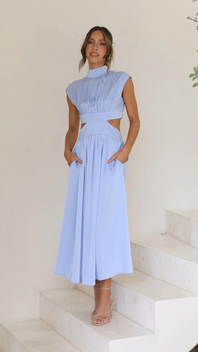 Elegant midi dress with cut-outs and stand-up collar