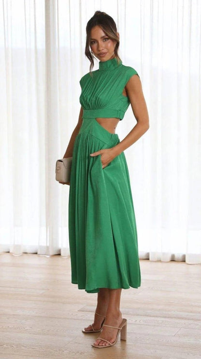 Elegant midi dress with cut-outs and stand-up collar