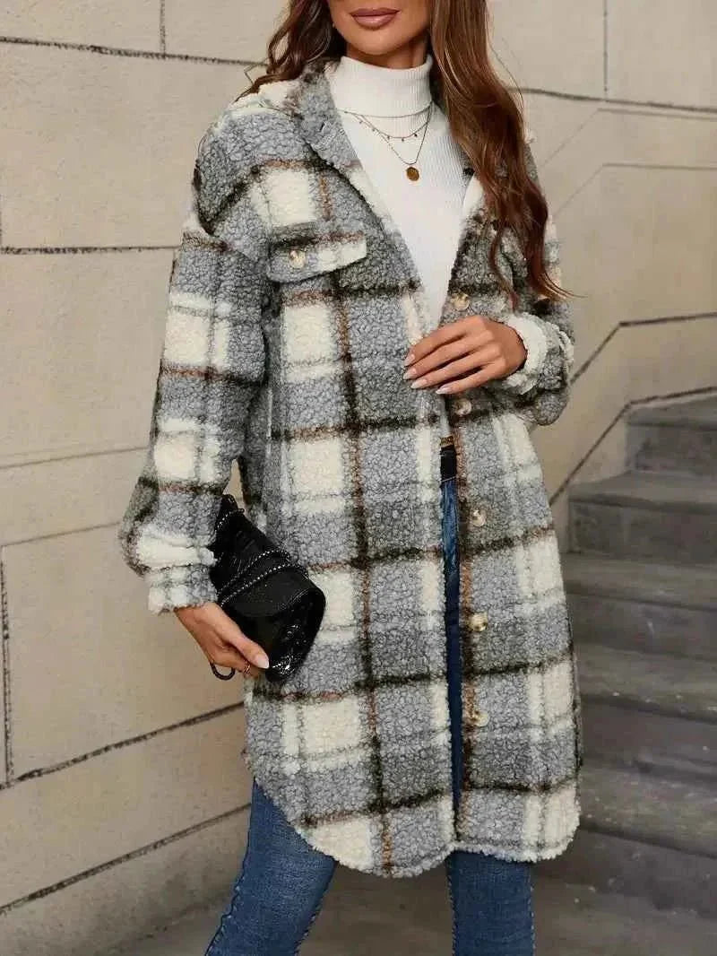 Women's Plaid Trench Coat Soft Teddy Fleece