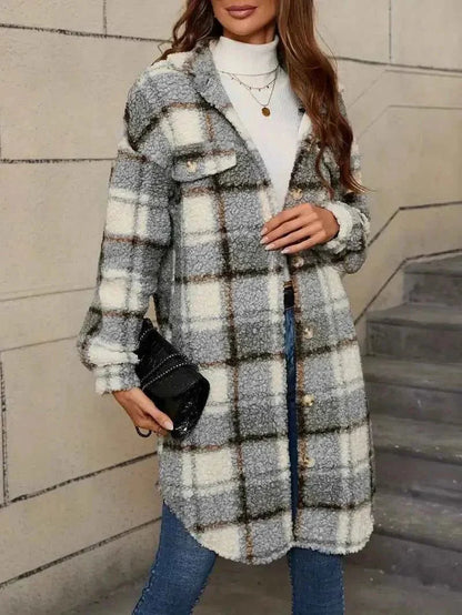 Women's Plaid Trench Coat Soft Teddy Fleece