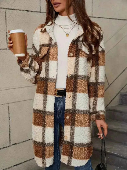 Damen Trenchcoat Kariert Teddy Weich - IdealeKleiden