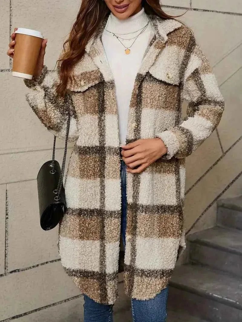 Women's Plaid Trench Coat Soft Teddy Fleece
