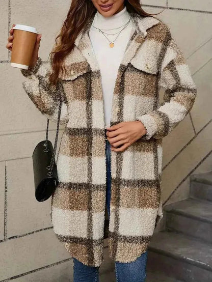 Women's Plaid Trench Coat Soft Teddy Fleece