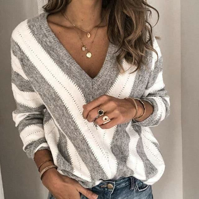 Women's Autumn Striped V-Neck Sweater