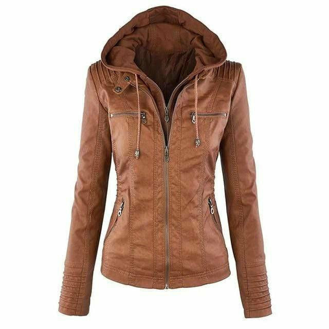 Leather Jacket with Elegant Black Hood