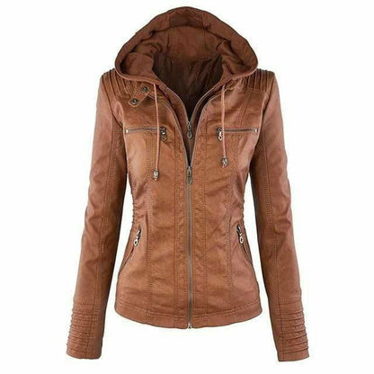 Leather Jacket with Elegant Black Hood