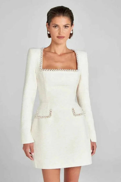 Tweed Mini Dress Long Sleeve Beaded Detail Elegant