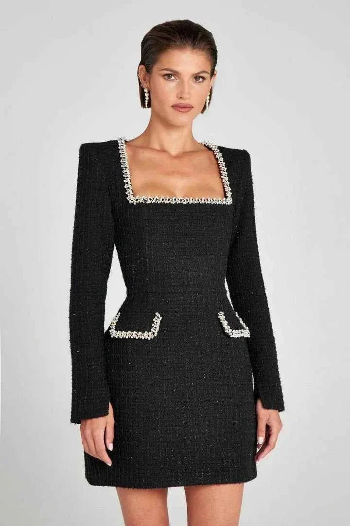 Tweed Mini Dress Long Sleeve Beaded Detail Elegant