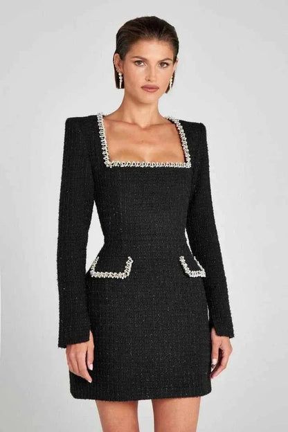 Tweed Mini Dress Long Sleeve Beaded Detail Elegant