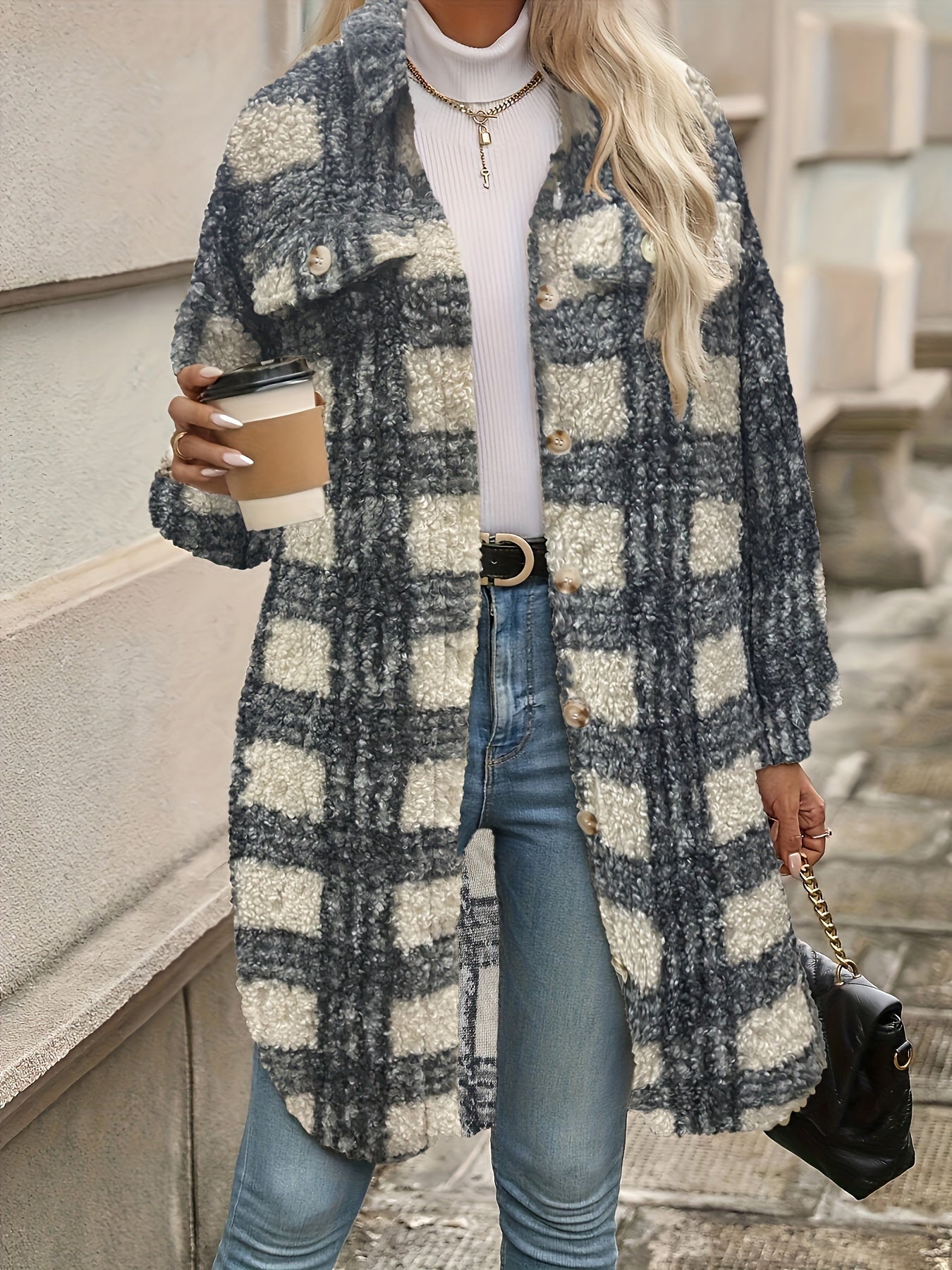 Stylische Karo Jacke Fuzzy Oberfläche - IdealeKleiden