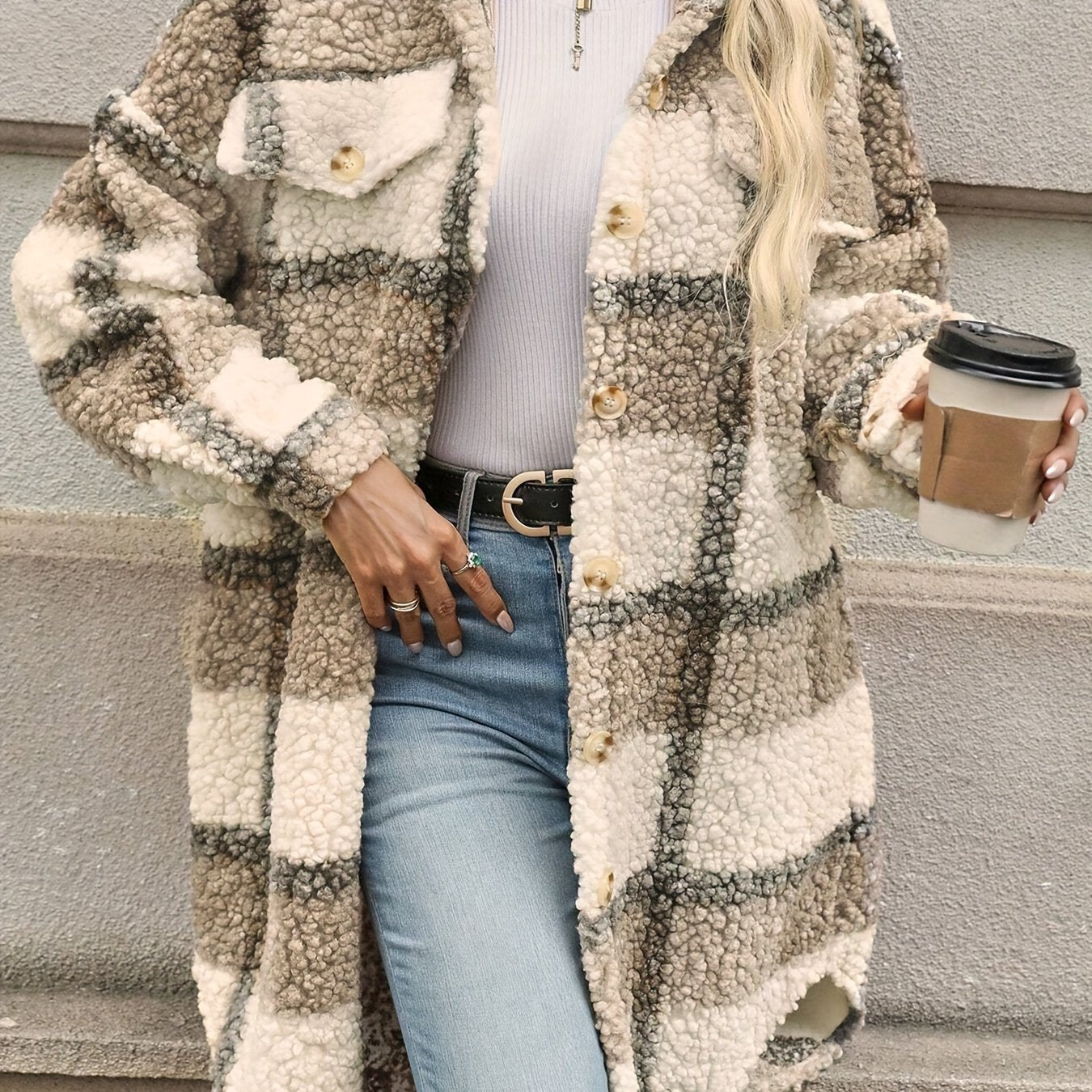 Stylish Plaid Jacket Fuzzy Surface