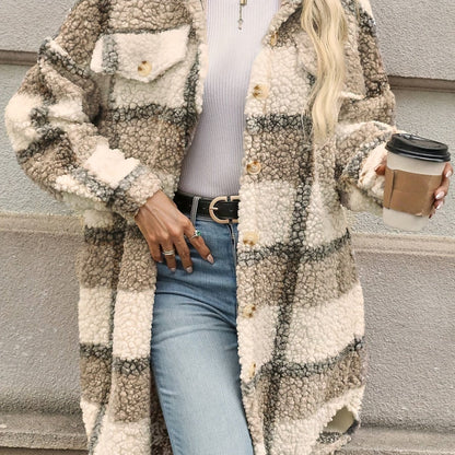 Stylish Plaid Jacket Fuzzy Surface