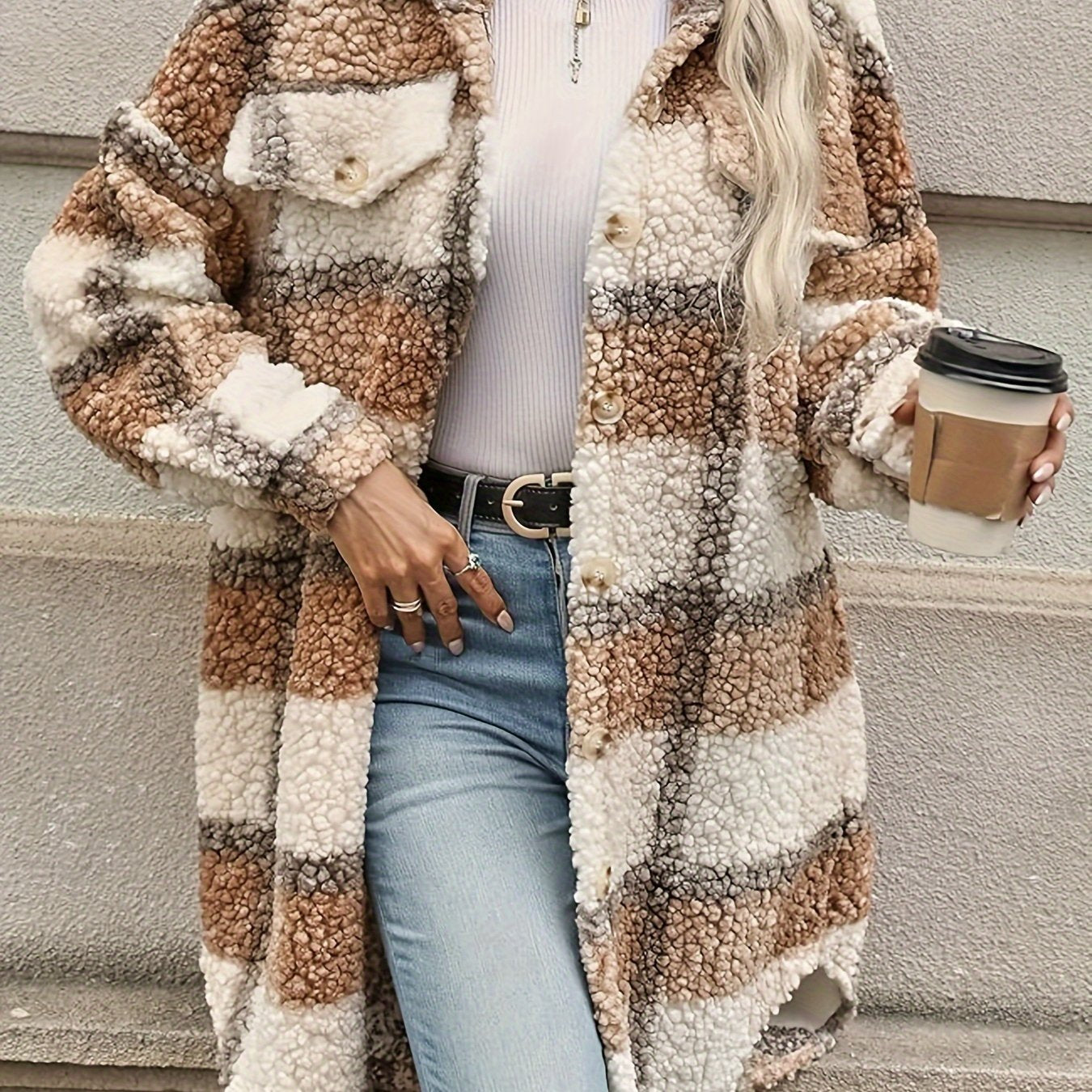 Stylish Plaid Jacket Fuzzy Surface
