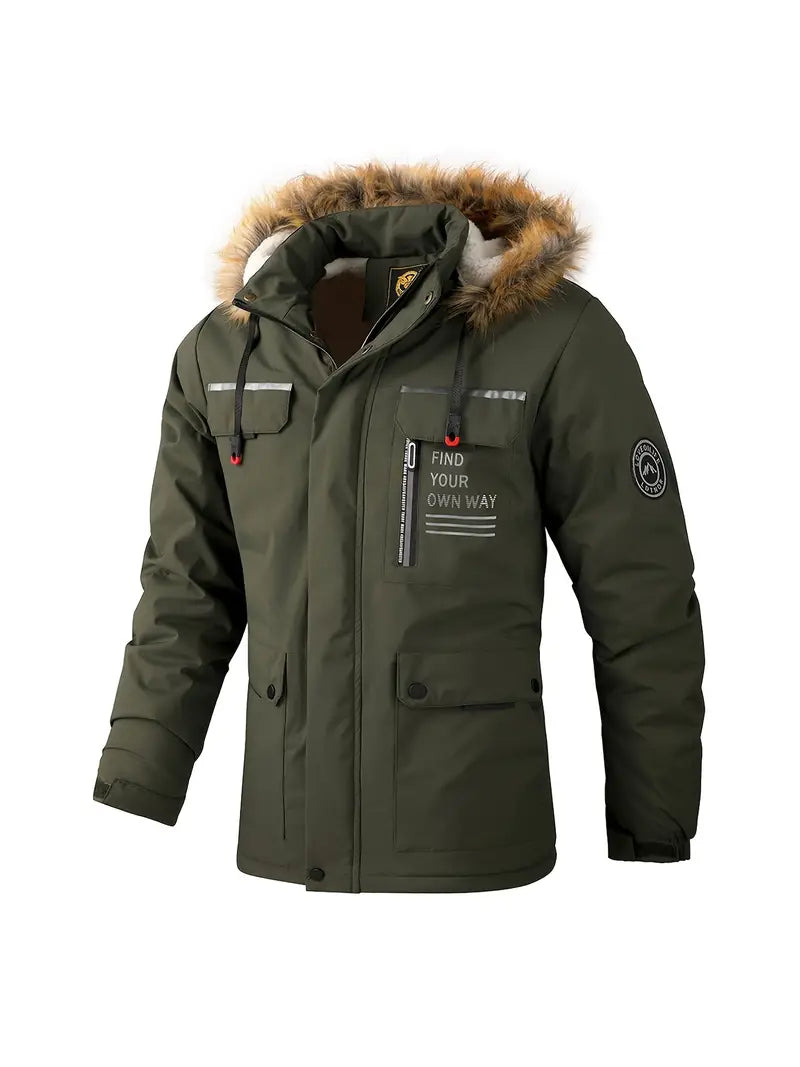 Men's Waterproof Lined Winter Jacket with Fur Hood
