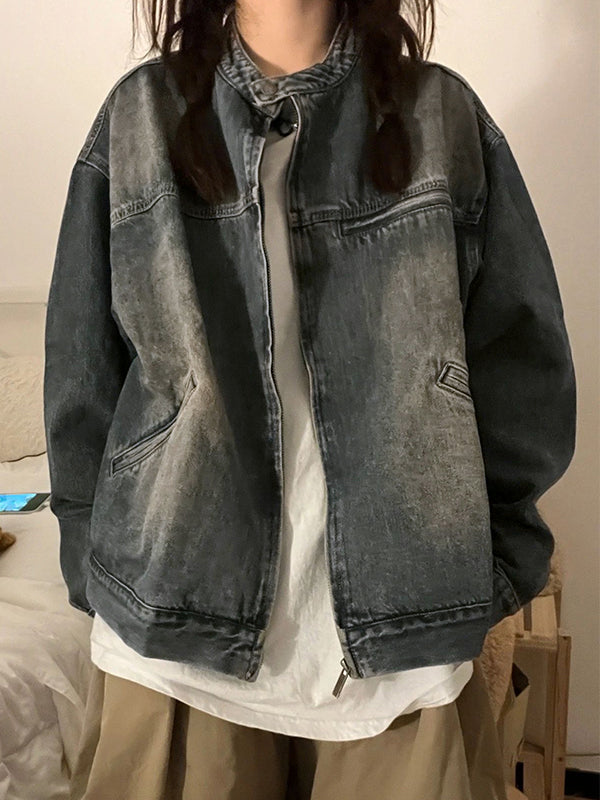 Blau-Verwaschene Reißverschluss-Jacke Damen - IdealeKleiden
