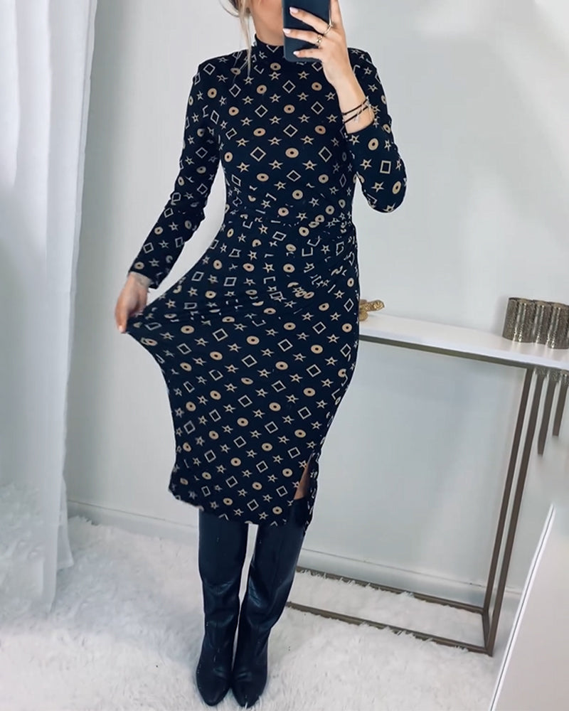 Elegantes Hochgeschlossenes Kleid Geometrisch Modern - IdealeKleiden