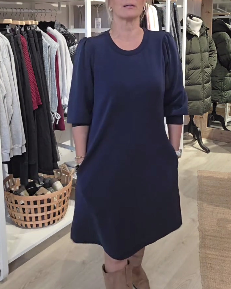 Elegant Dress Women Puff Sleeve Round Neck