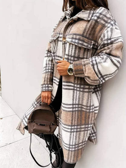 Women's Wool Jacket Plaid Pattern Warm Elegant Buttons