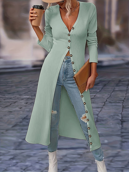 Langer Damen Cardigan V-Ausschnitt Knöpfe Knielang - IdealeKleiden