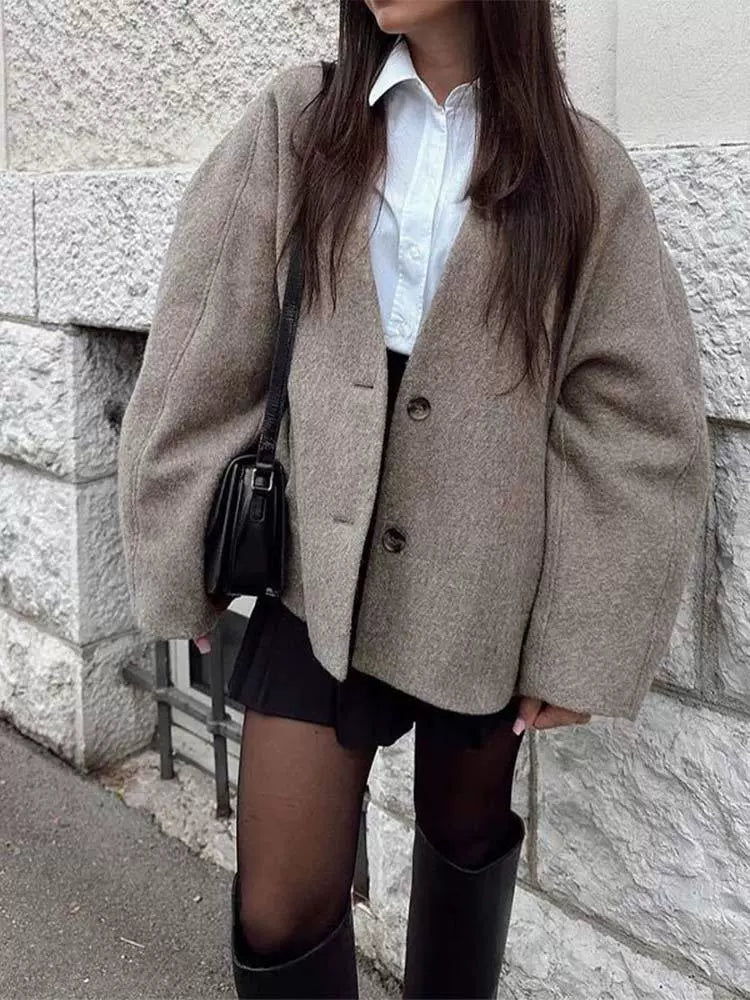 Stylish V-neck Women's Wool Blend Coat