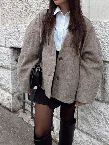 Stylish V-neck Women's Wool Blend Coat