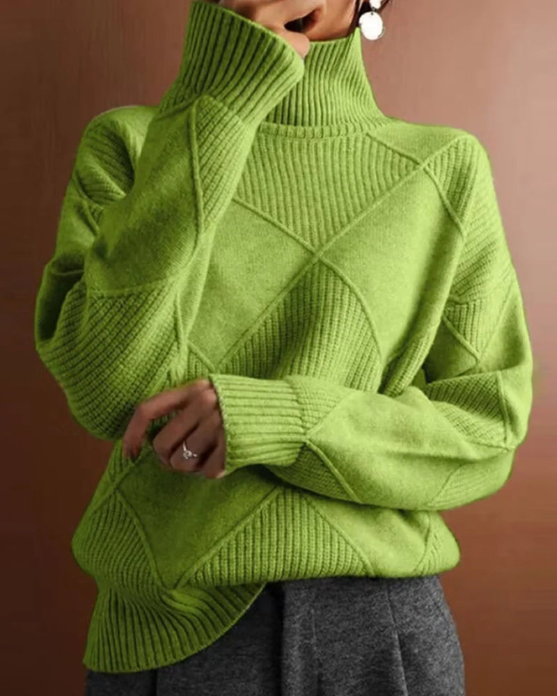 Elegant Turtleneck Diamond Pattern Solid Color