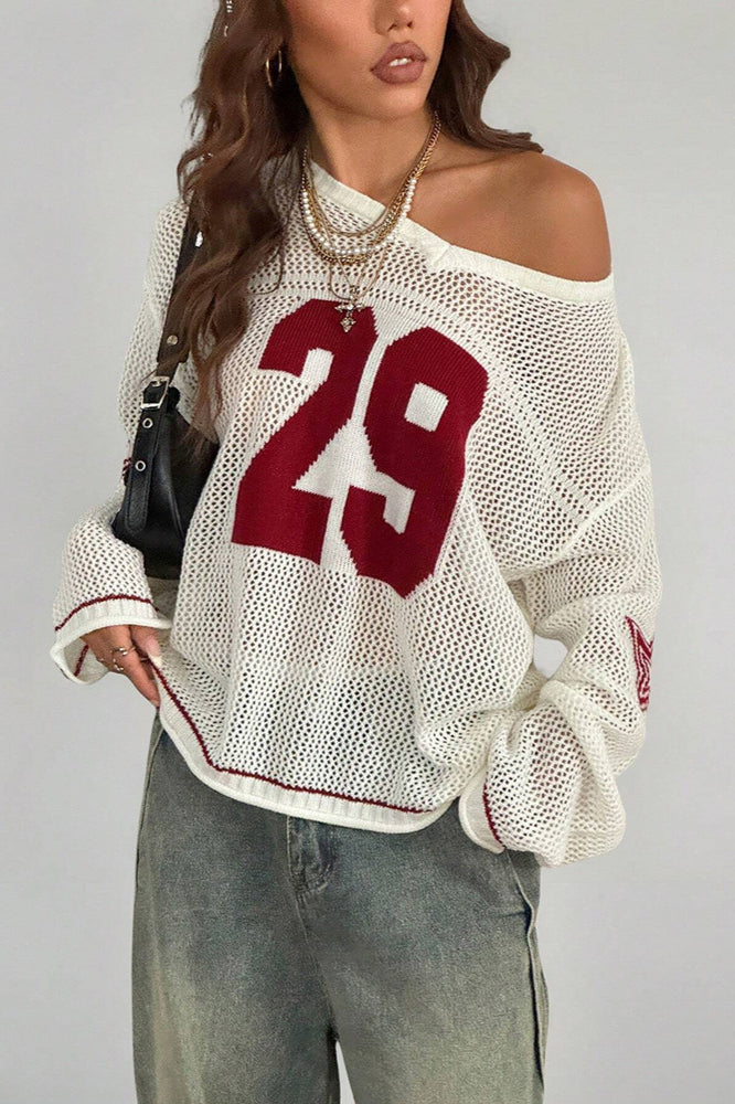 Gemütlicher Strickpullover V-Ausschnitt Digitaldruck - IdealeKleiden