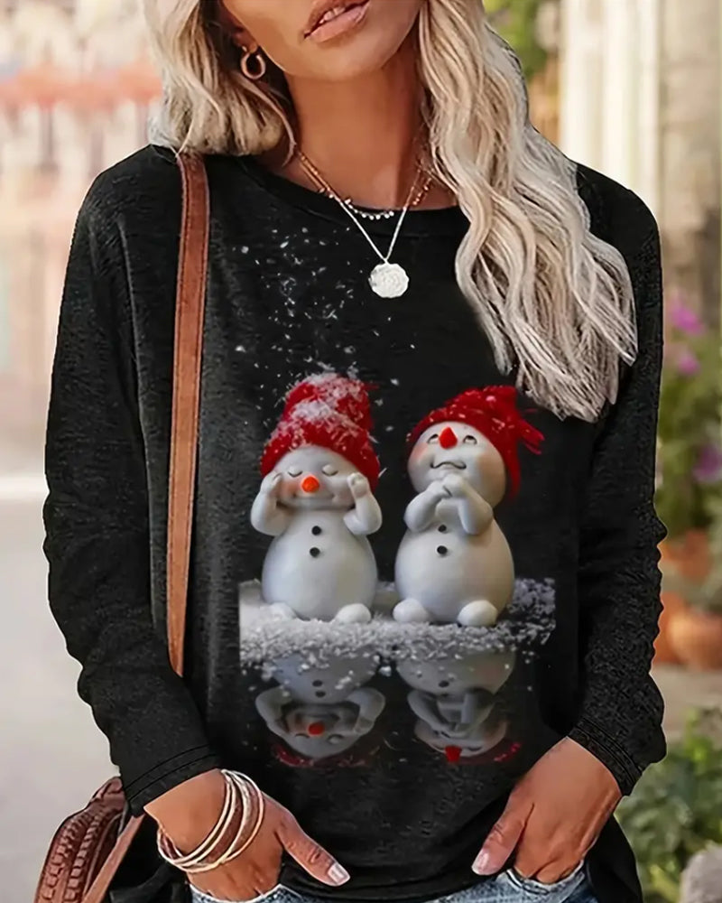 Christmas Long-Sleeve Round Neck Snowman Motif Shirt