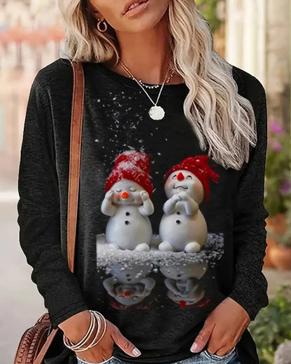 Christmas Long-Sleeve Round Neck Snowman Motif Shirt