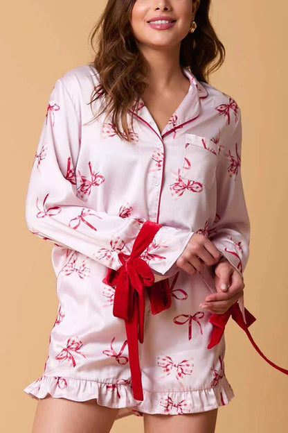 Christmas Party Set | Printed Top with Bow Tie and Ruffle Shorts